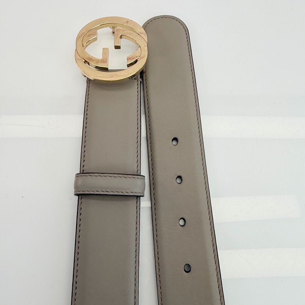 Authentic Gucci Gray Interlocking G Leather Belt Gold Buckle 546386 85/34 - Picture 7 of 9